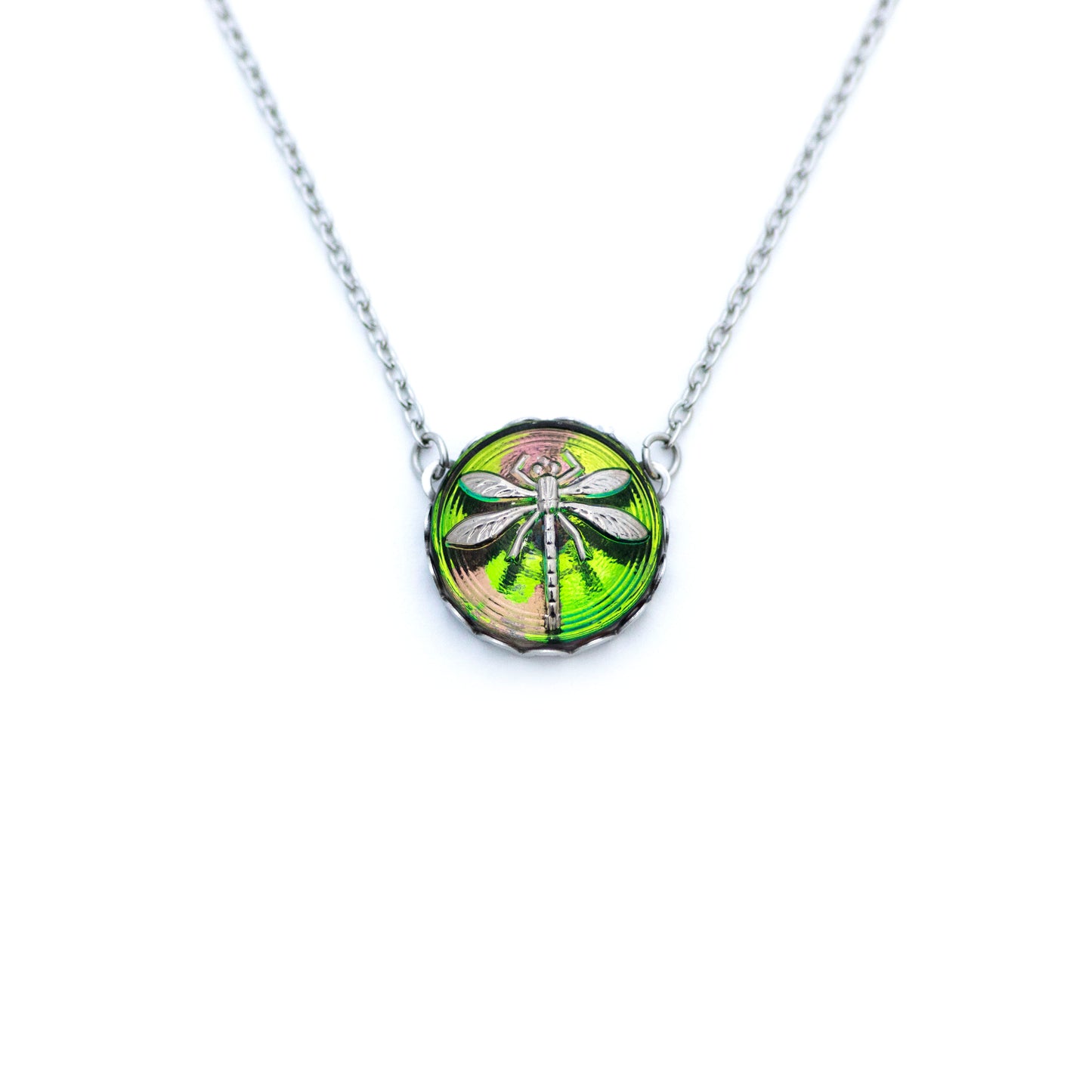 Green and silver platinum painted dragonfly Czech glass button. Button pendant necklace.
