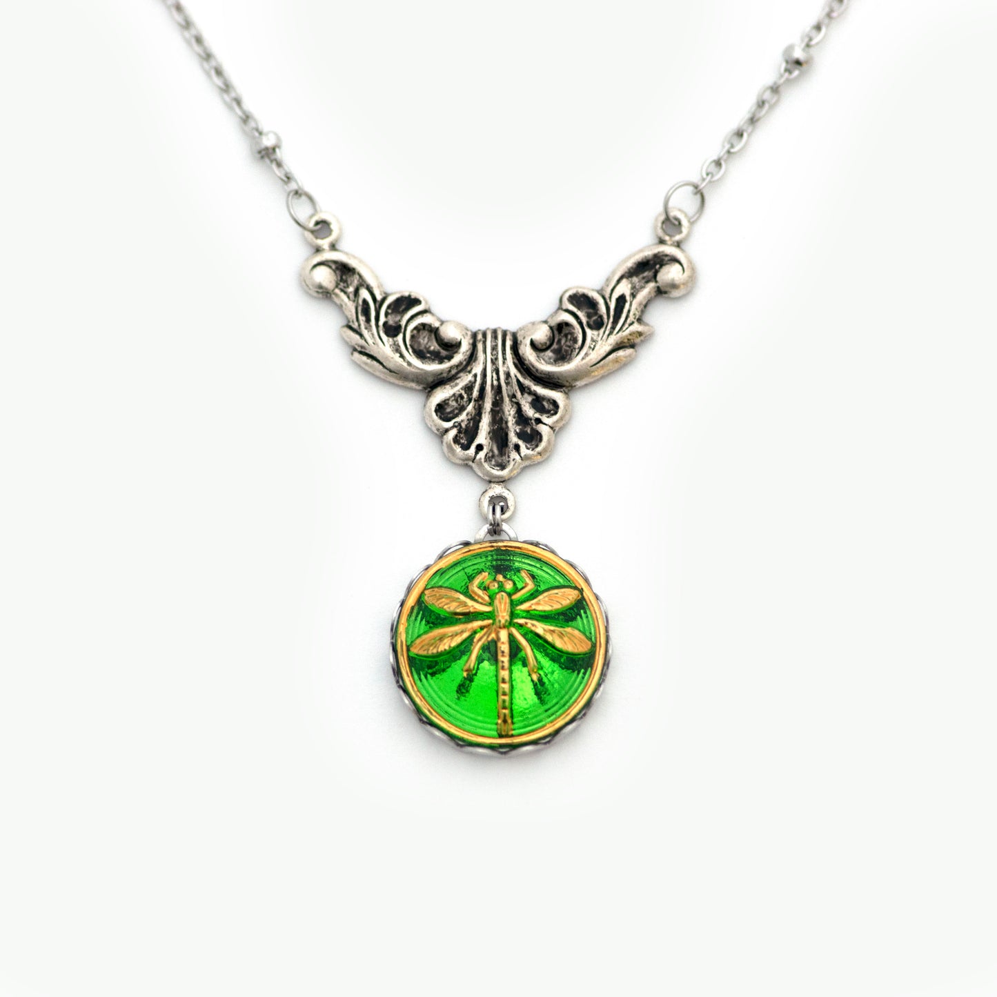 Green and gold painted dragonfly Czech glass button. Button pendant necklace.