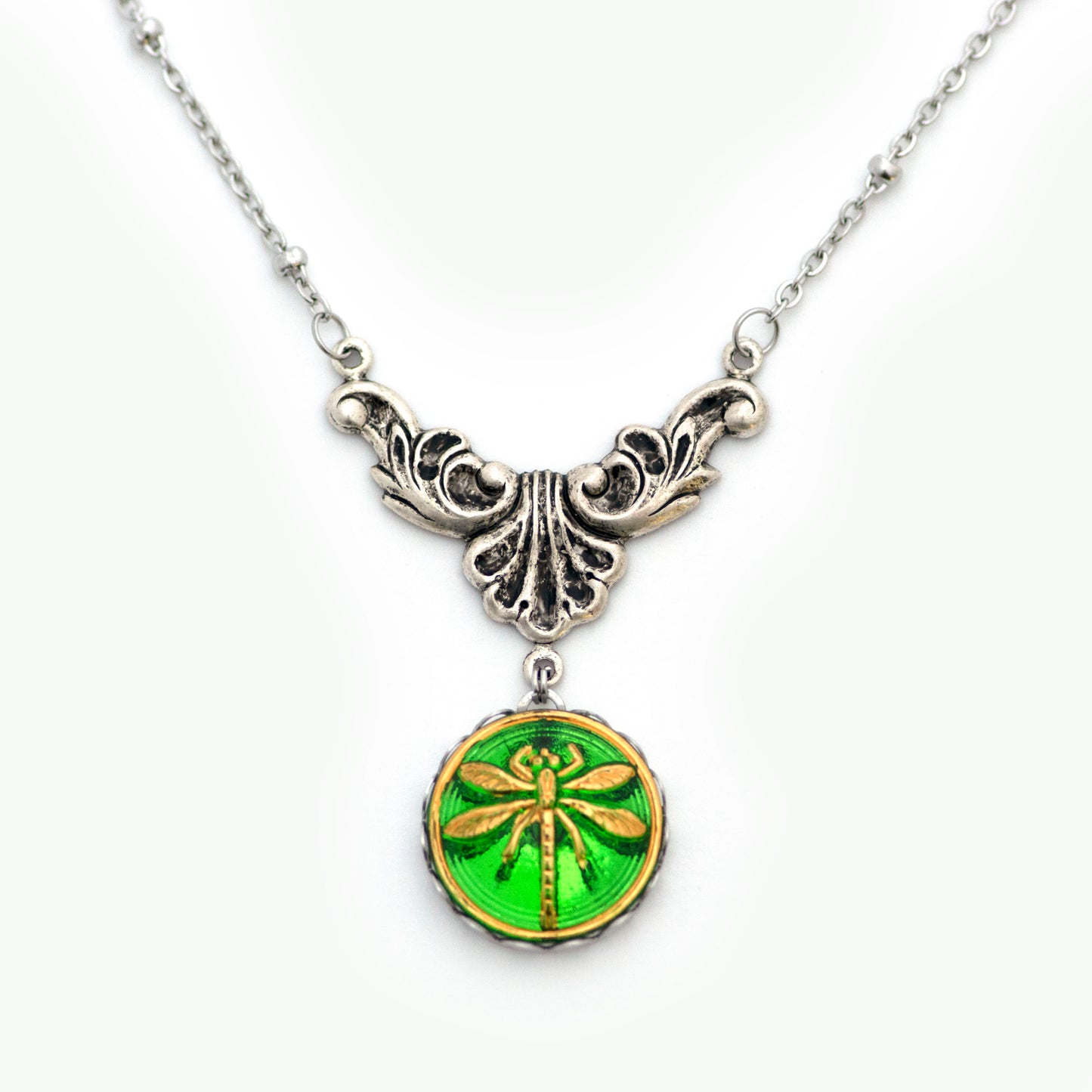 Green and gold painted dragonfly Czech glass button. Button pendant necklace.