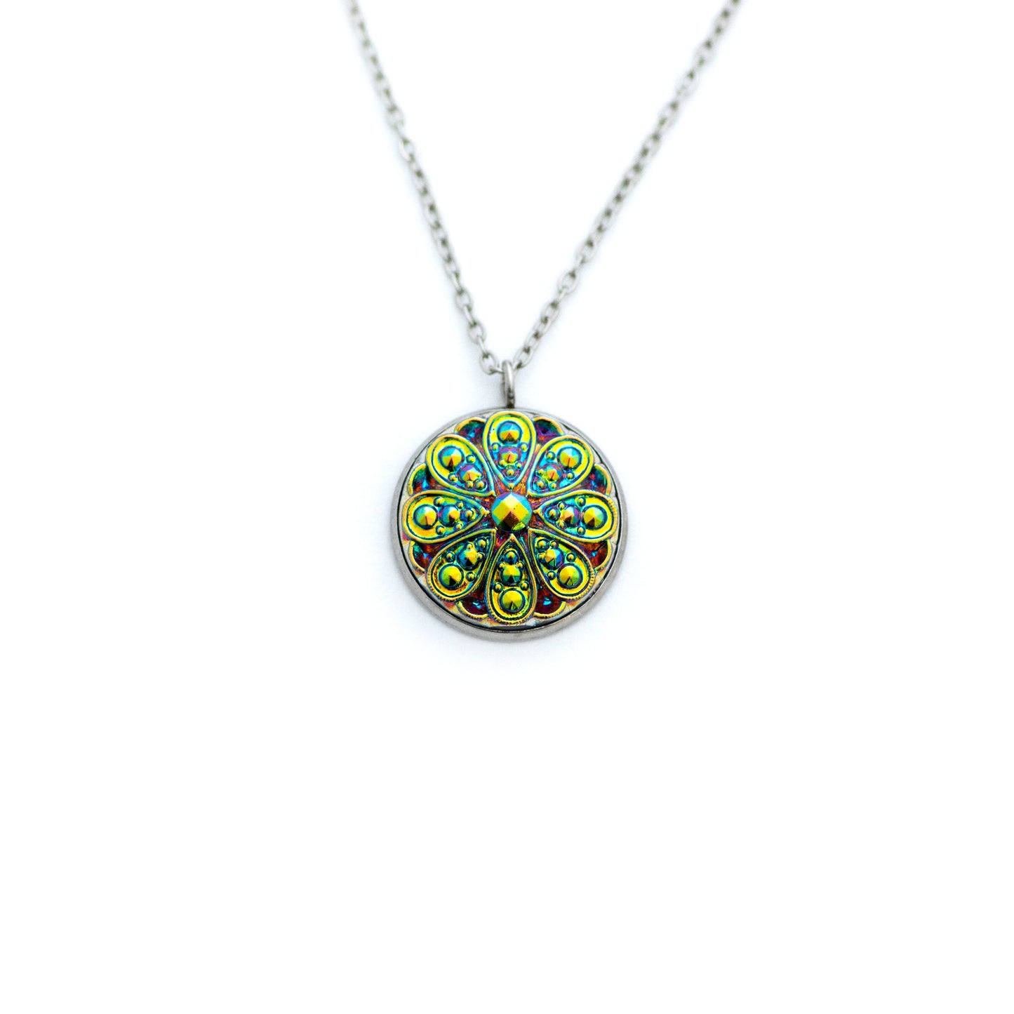 Czech Glass Button Necklace - Blue Green Yellow Iridescent 8 Petals