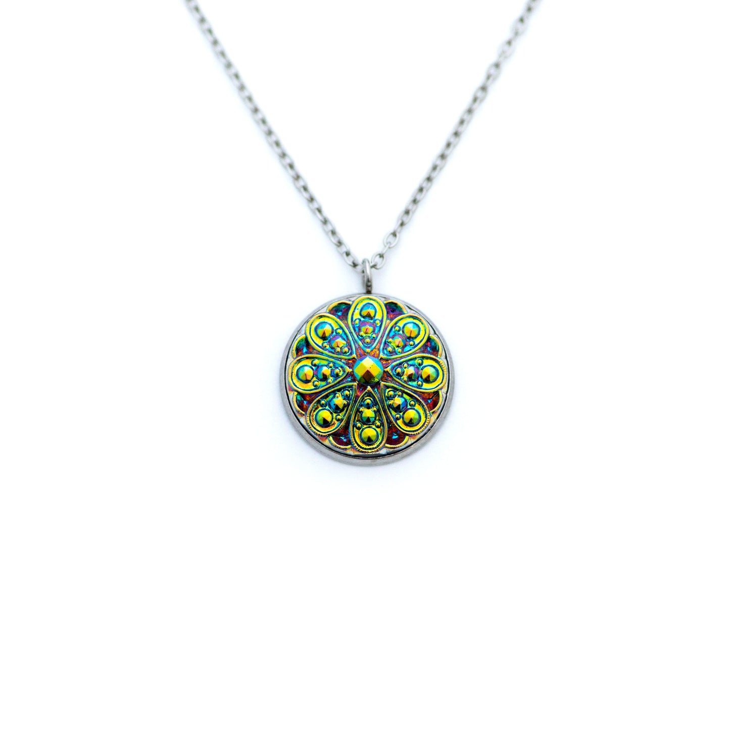 Czech Glass Button Necklace - Blue Green Yellow Iridescent 8 Petals