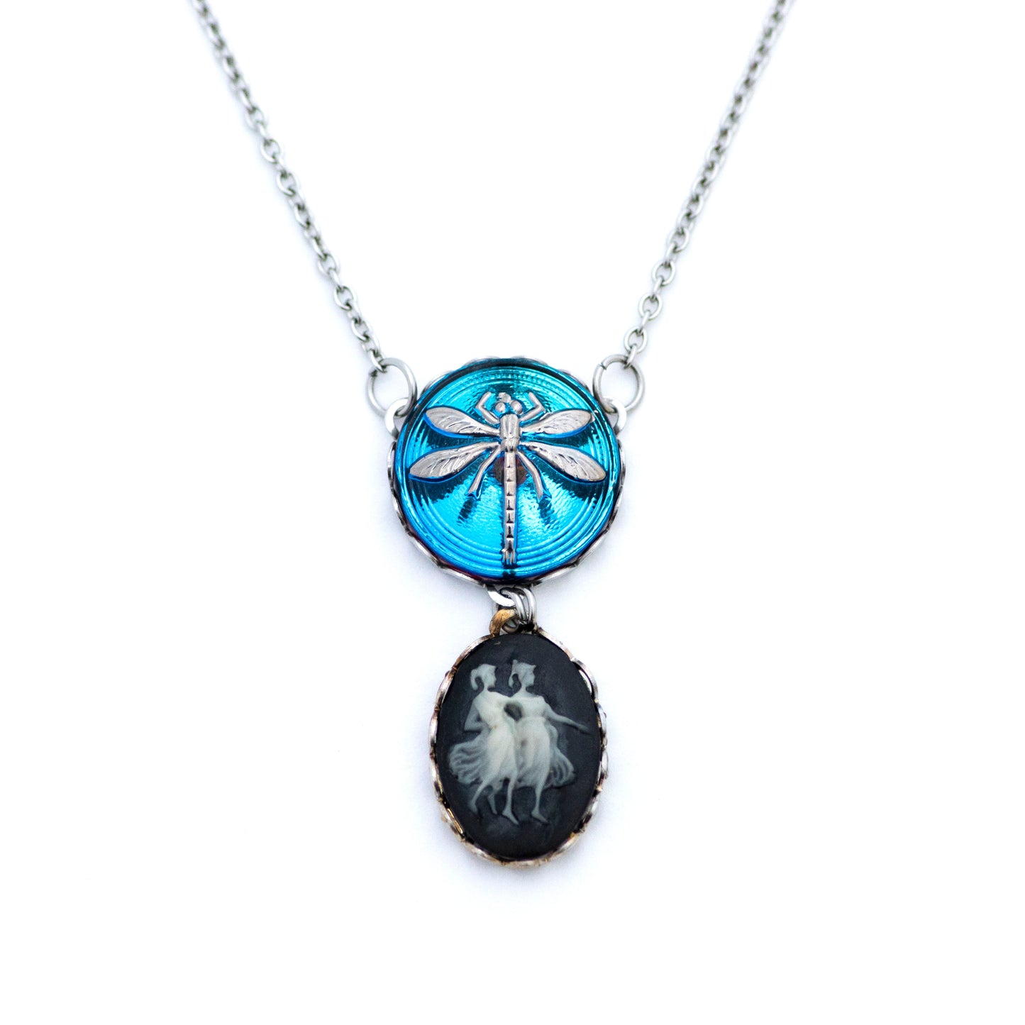Blue and silver platinum painted dragonfly Czech glass button. Button pendant necklace. Resin black and white cameo.