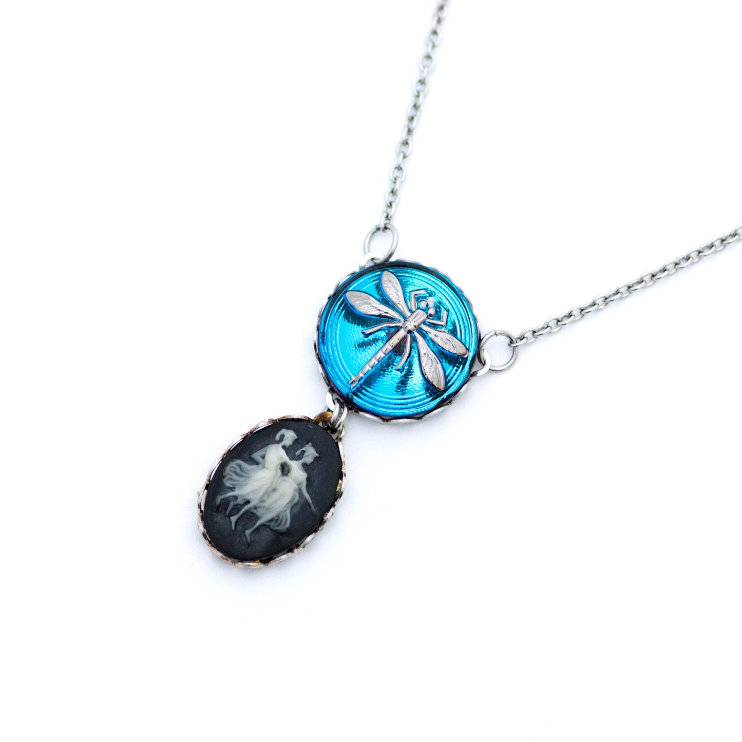 Blue and silver platinum painted dragonfly Czech glass button. Button pendant necklace. Resin black and white cameo.