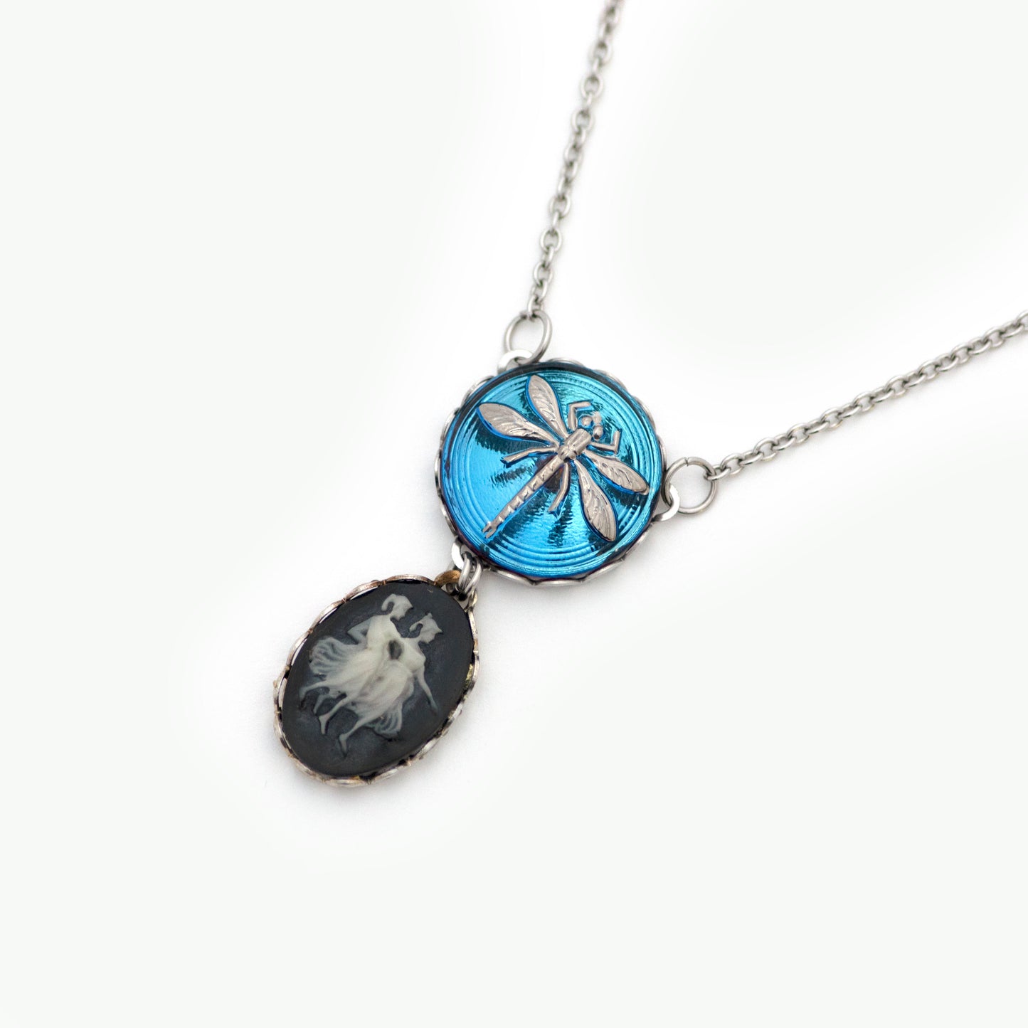 Blue and silver platinum painted dragonfly Czech glass button. Button pendant necklace. Resin black and white cameo.