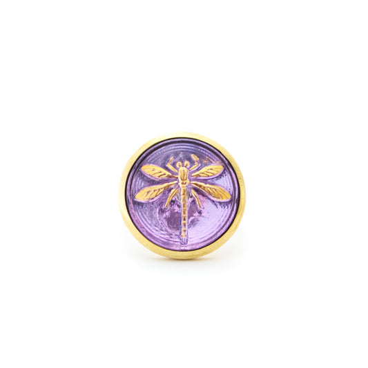 Czech Glass Button  Vermeil Ring - Purple & Gold Dragonfly