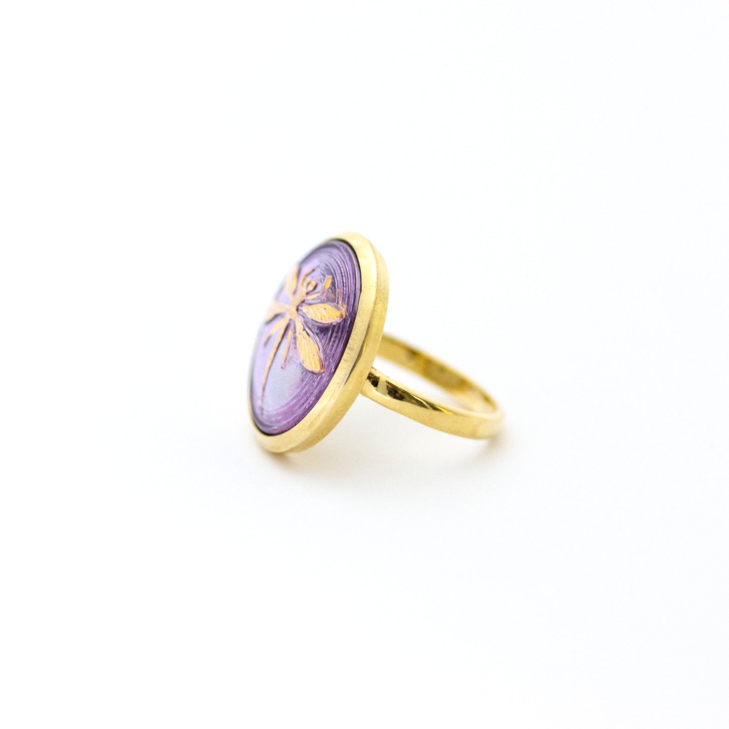 Czech Glass Button Vermeil Ring - Purple & Gold Dragonfly