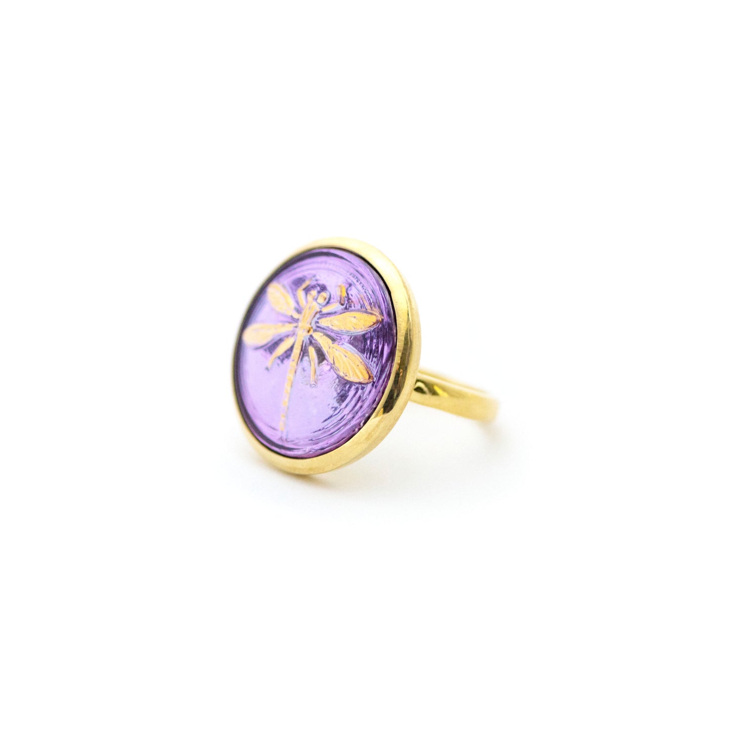 Czech Glass Button Vermeil Ring - Purple & Gold Dragonfly