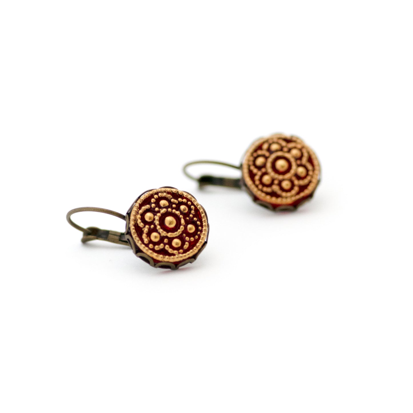 Red and gold circles flower Czech glass buttons. Leverback earrings.