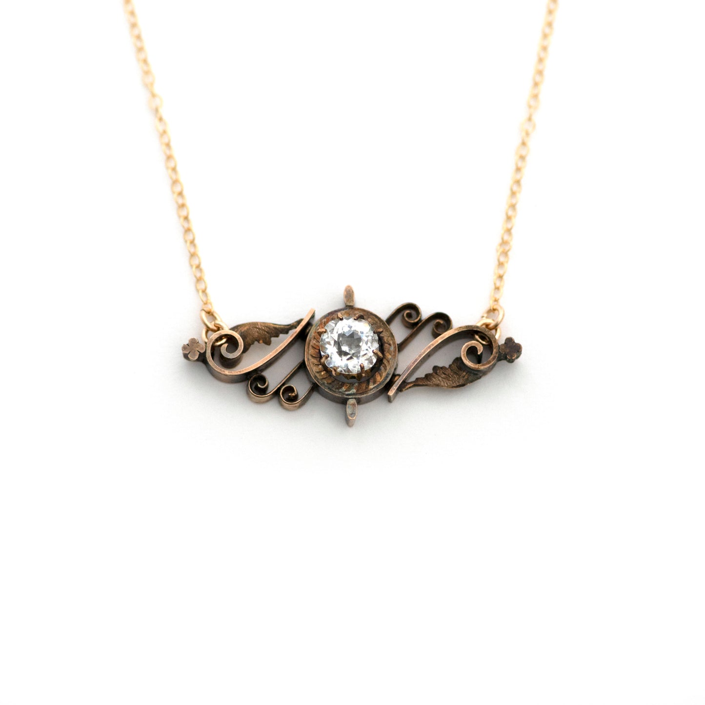 Clear Rhinestone Brass Scroll Clover Dress Pin Necklace