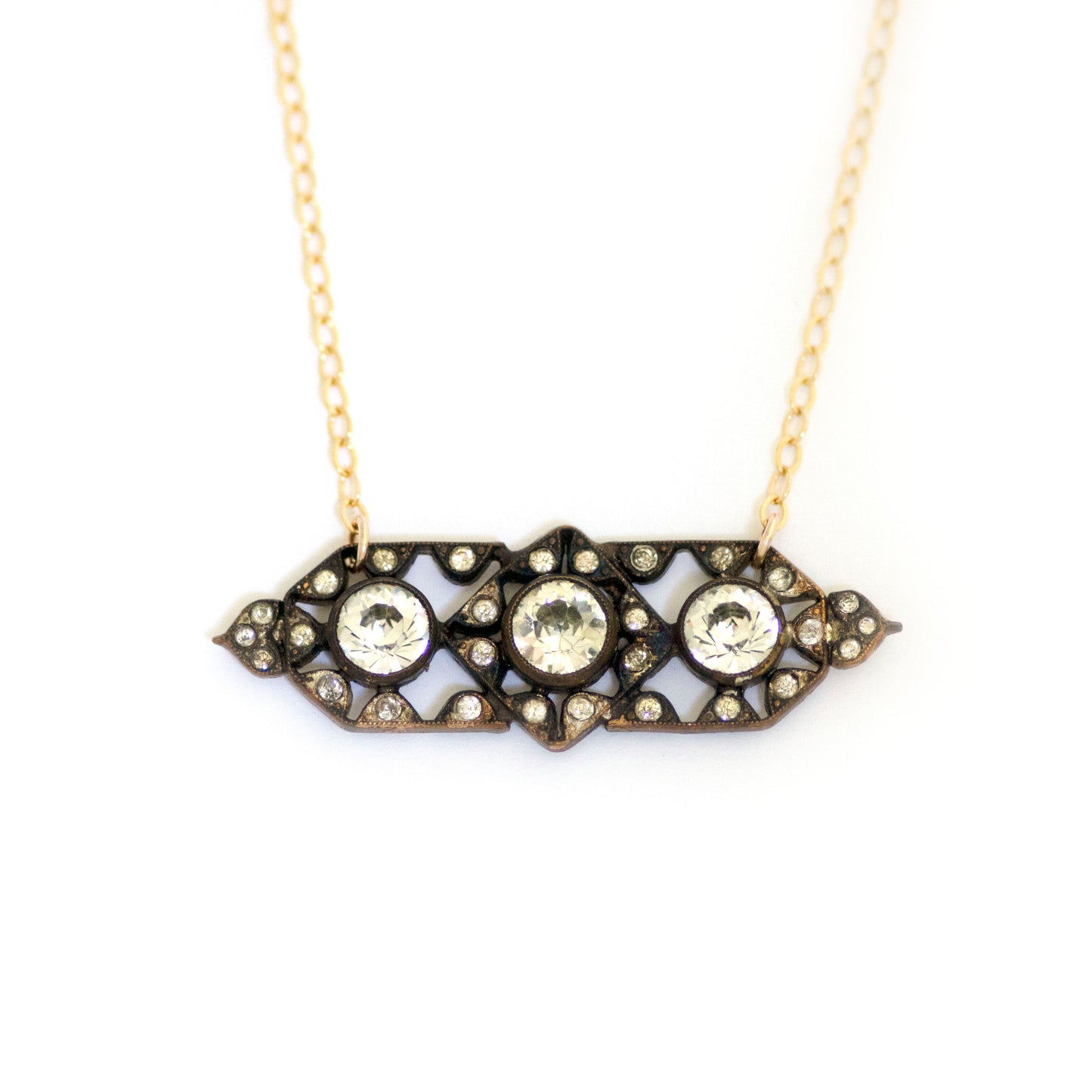 Clear Paste Rhinestone Antique Brooch Conversion Necklace