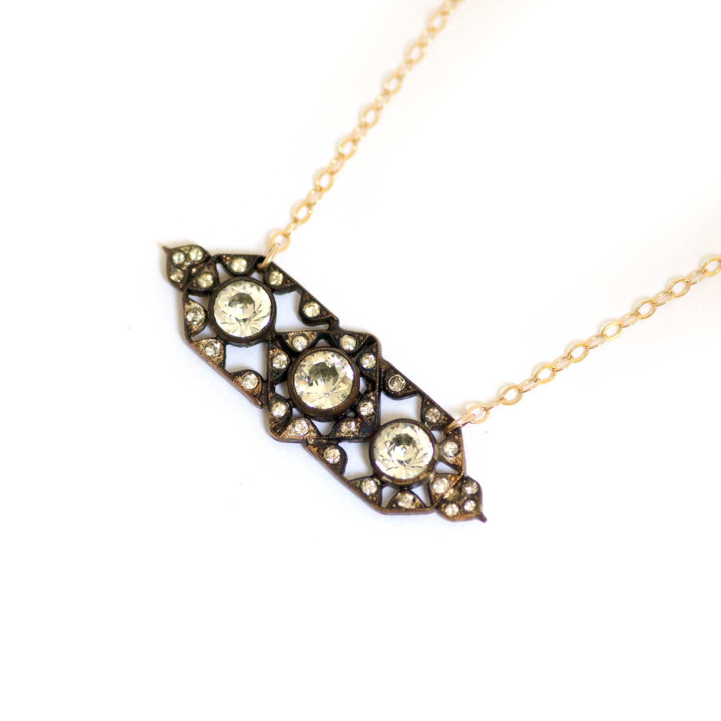 Clear Paste Rhinestone Antique Brooch Conversion Necklace