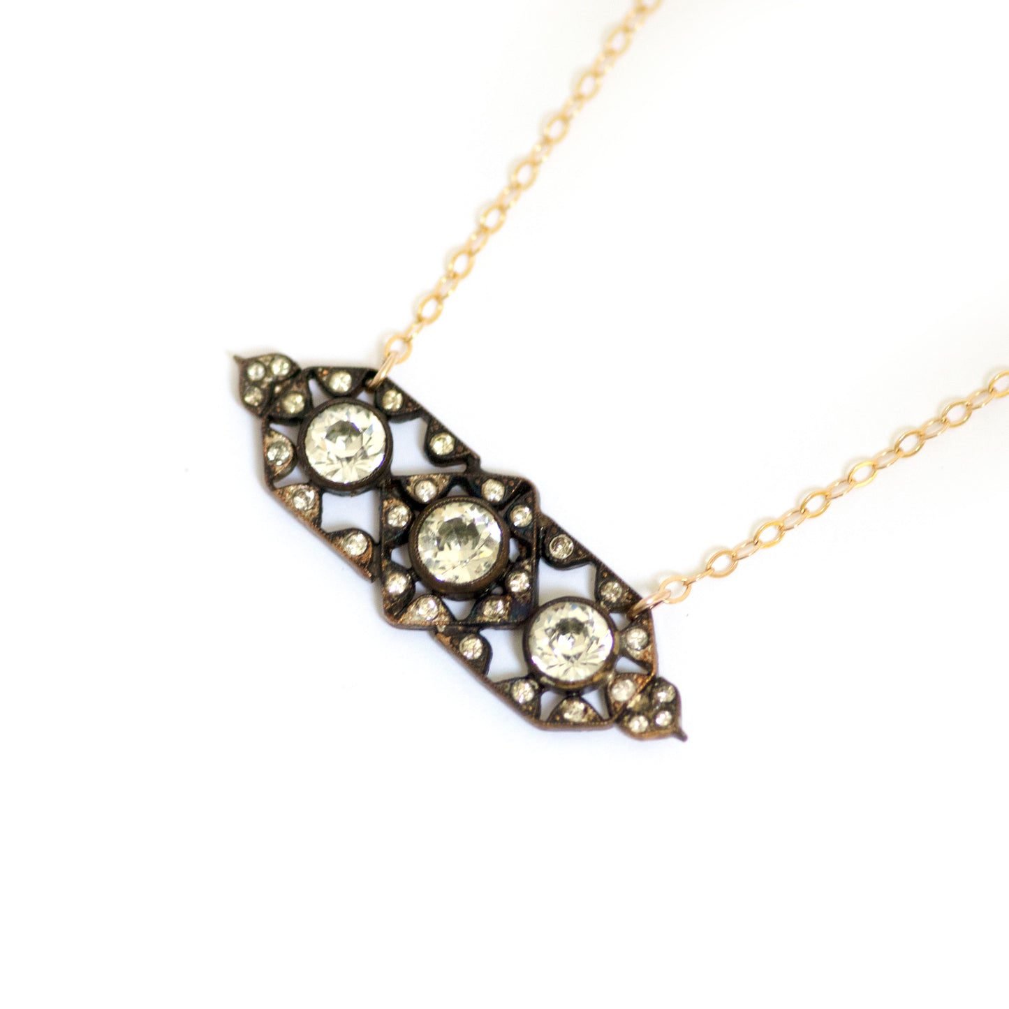 Clear Paste Rhinestone Antique Brooch Conversion Necklace