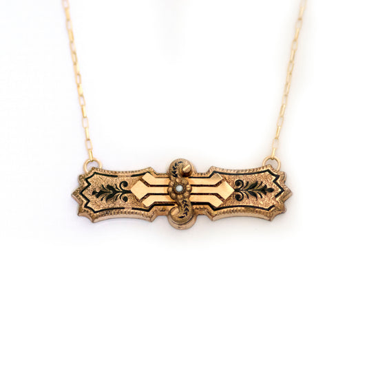 Ferns and Fronds Taille d'Epargne Seed Pearl Bar Pin Necklace