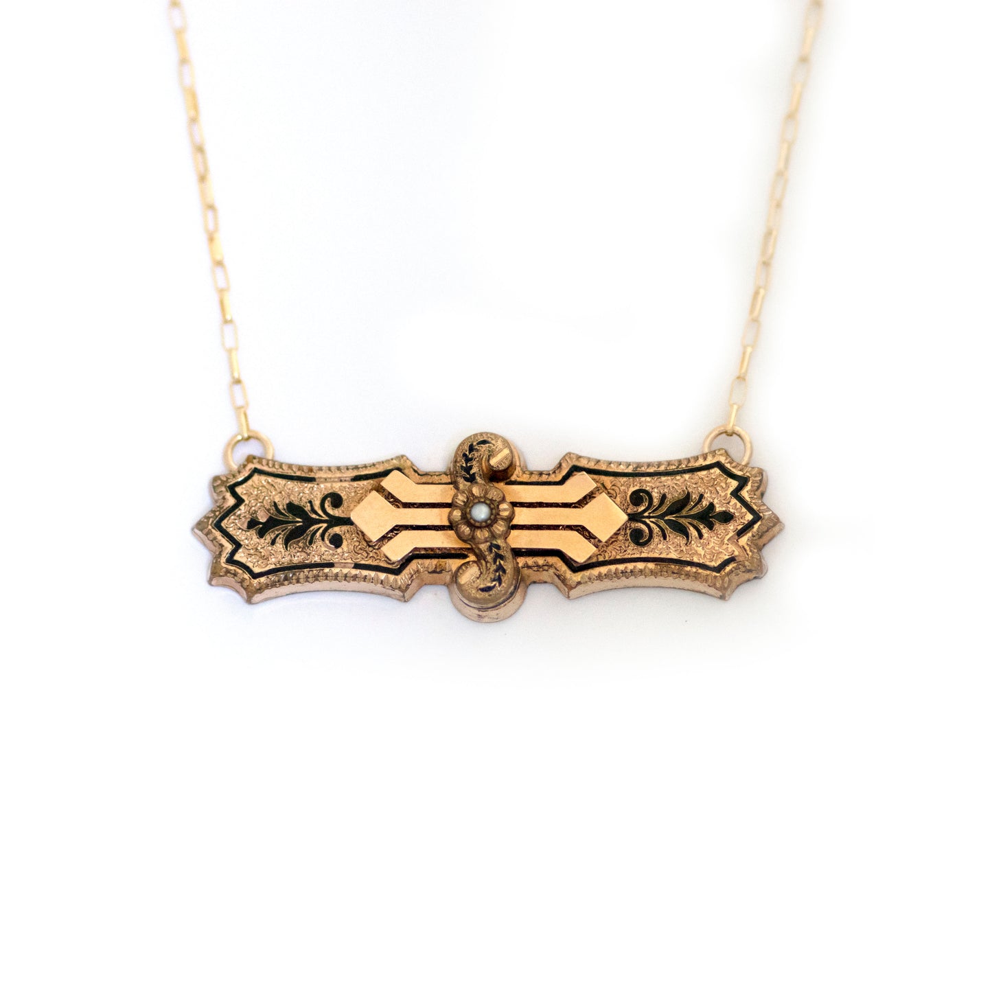 Ferns and Fronds Taille d'Epargne Seed Pearl Bar Pin Necklace