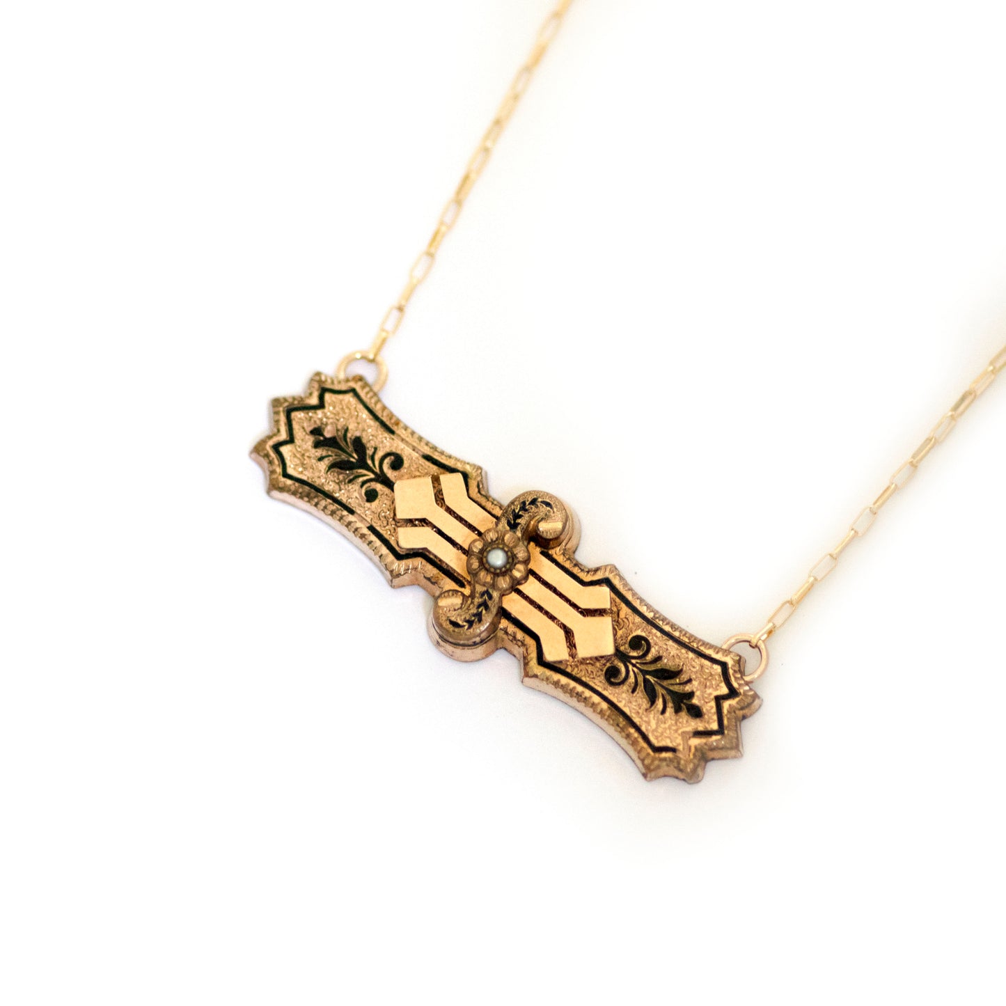 Ferns and Fronds Taille d'Epargne Seed Pearl Bar Pin Necklace