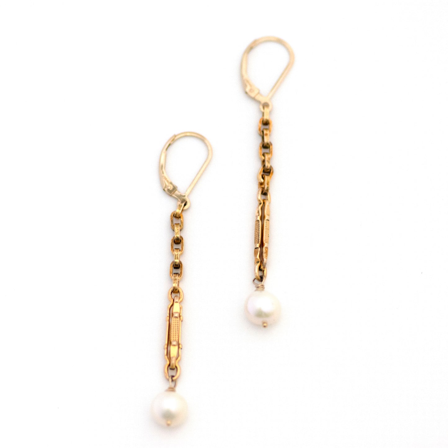 Long Dangling Pearl Drop Antique Watch Chain Earrings