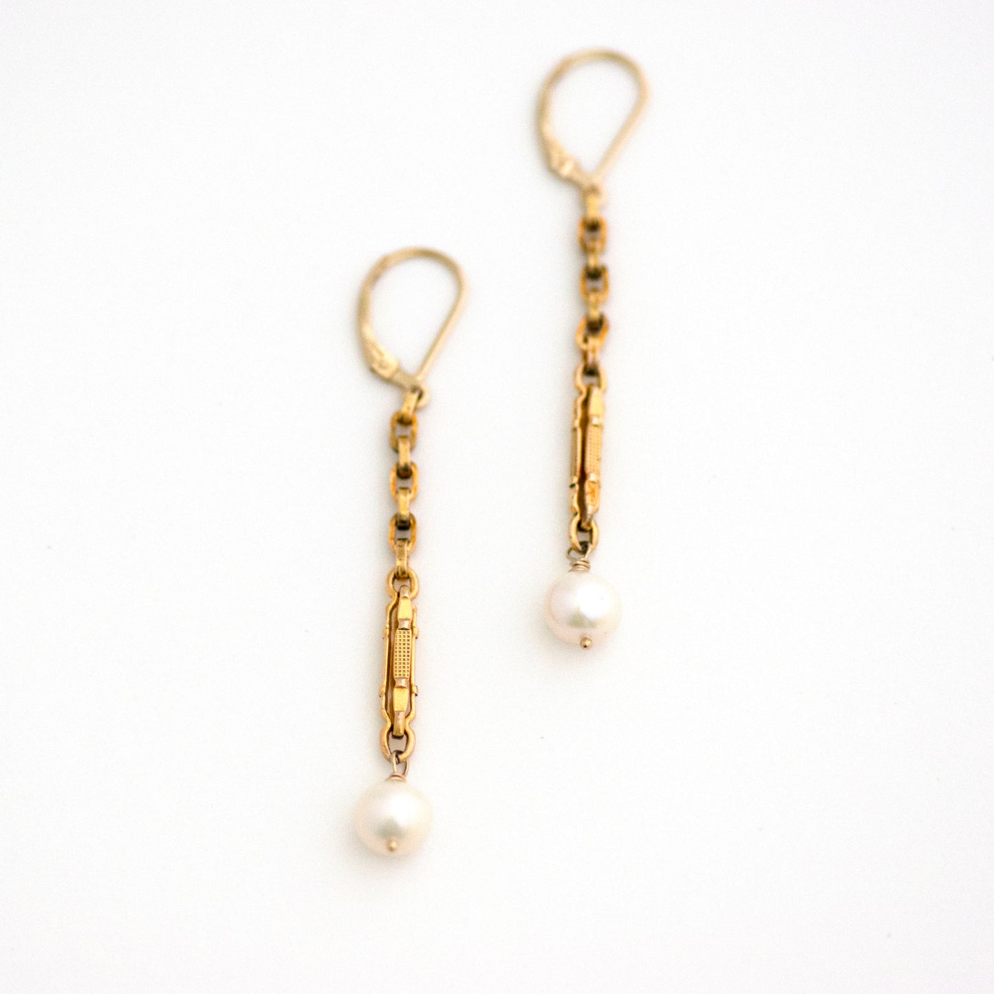 Long Dangling Pearl Drop Antique Watch Chain Earrings