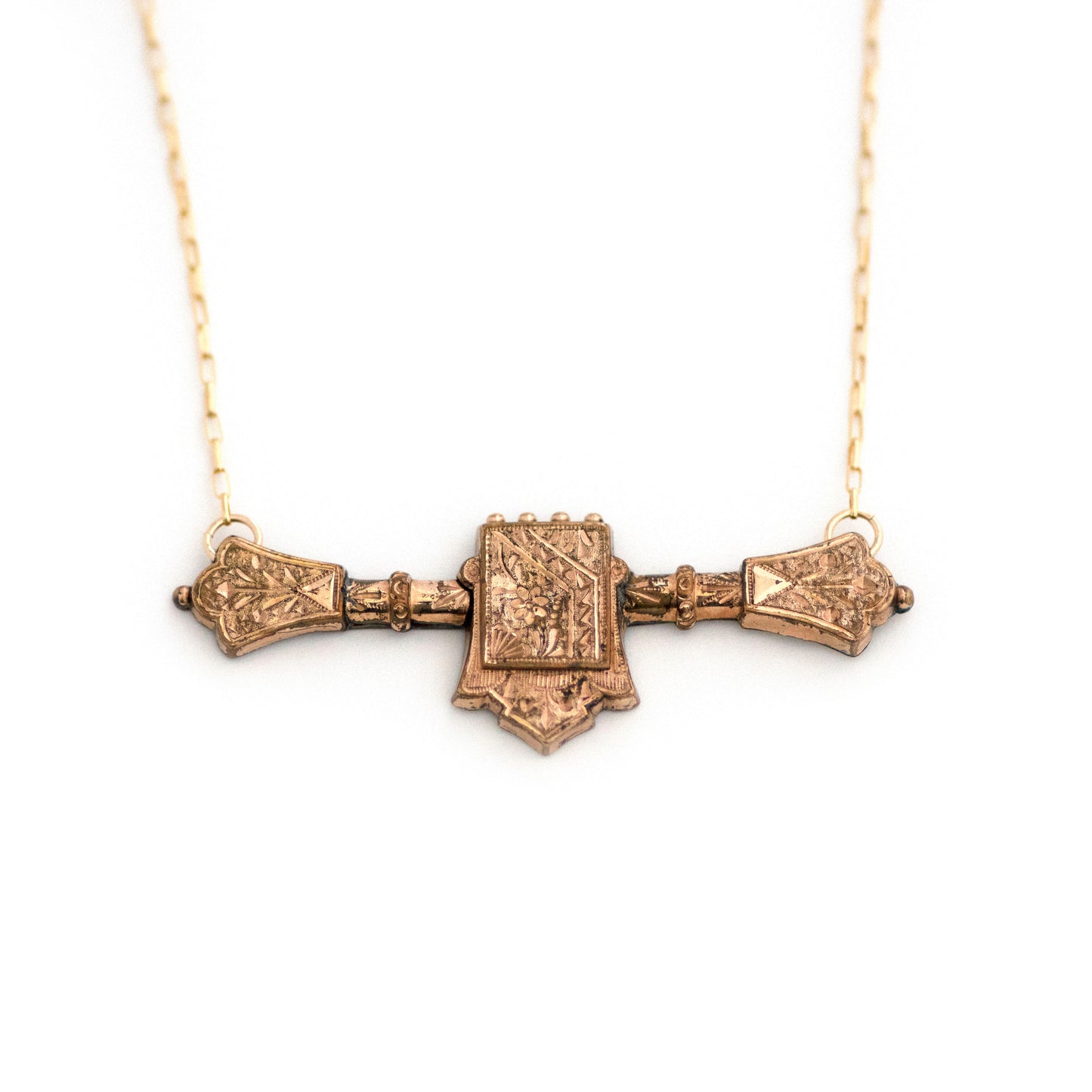 Flower Shield Antique Bar Pin Necklace