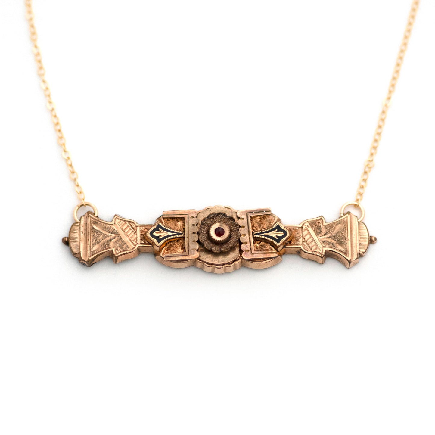 Bohemian Garnet Black Enamel Bar Pin Necklace