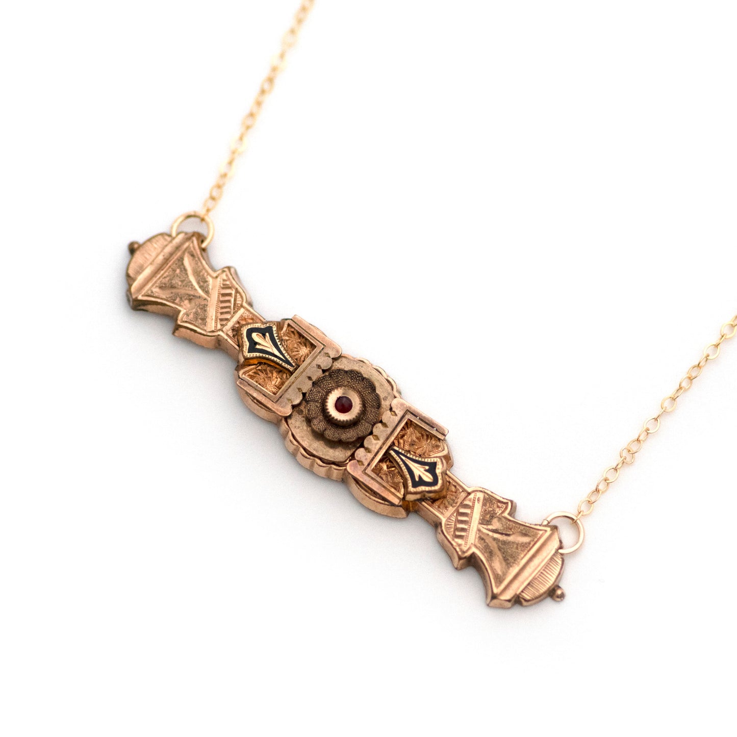 Bohemian Garnet Black Enamel Bar Pin Necklace