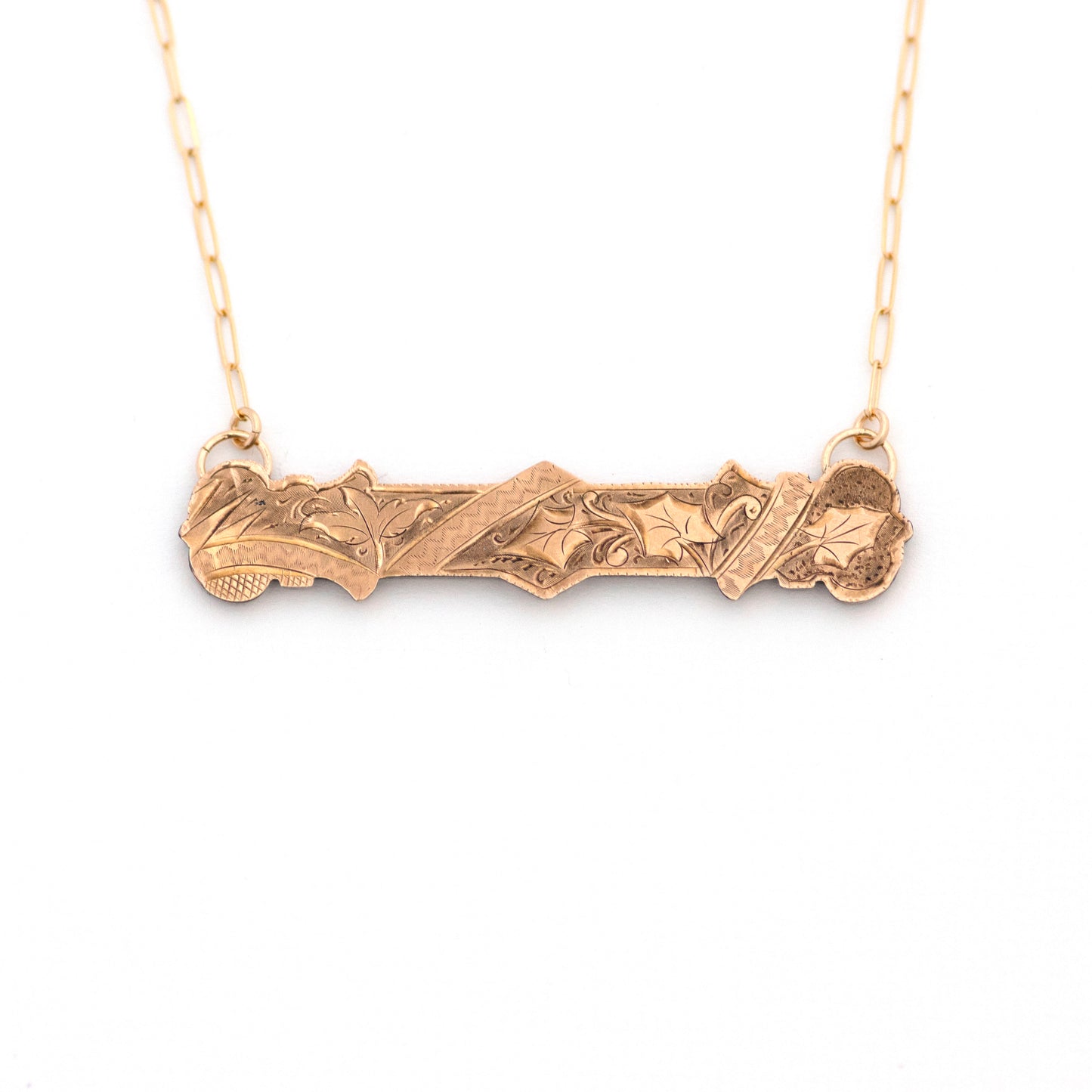 Victorian Etched Scrolling Leaves Bar Pin Necklace