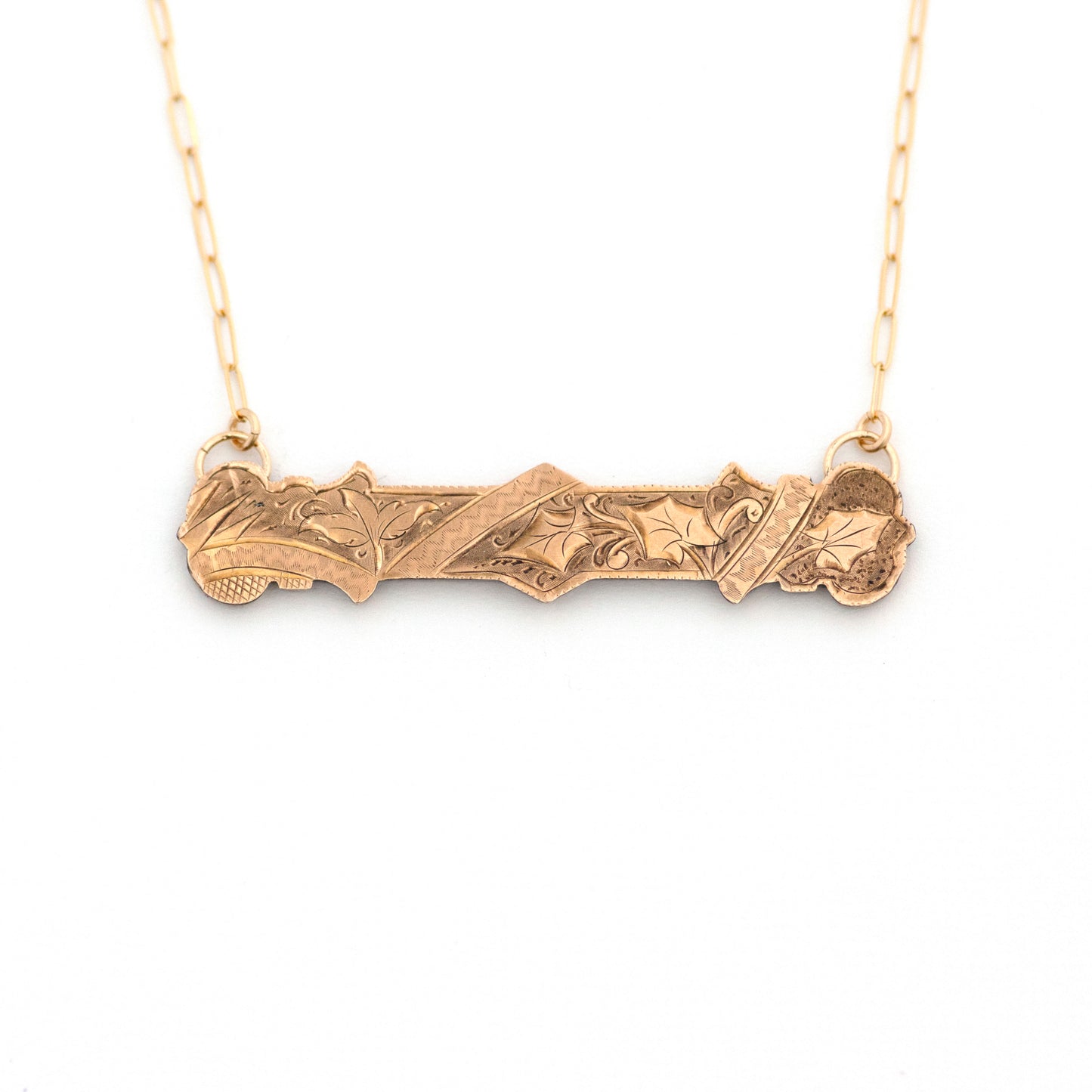 Victorian Etched Scrolling Leaves Bar Pin Necklace