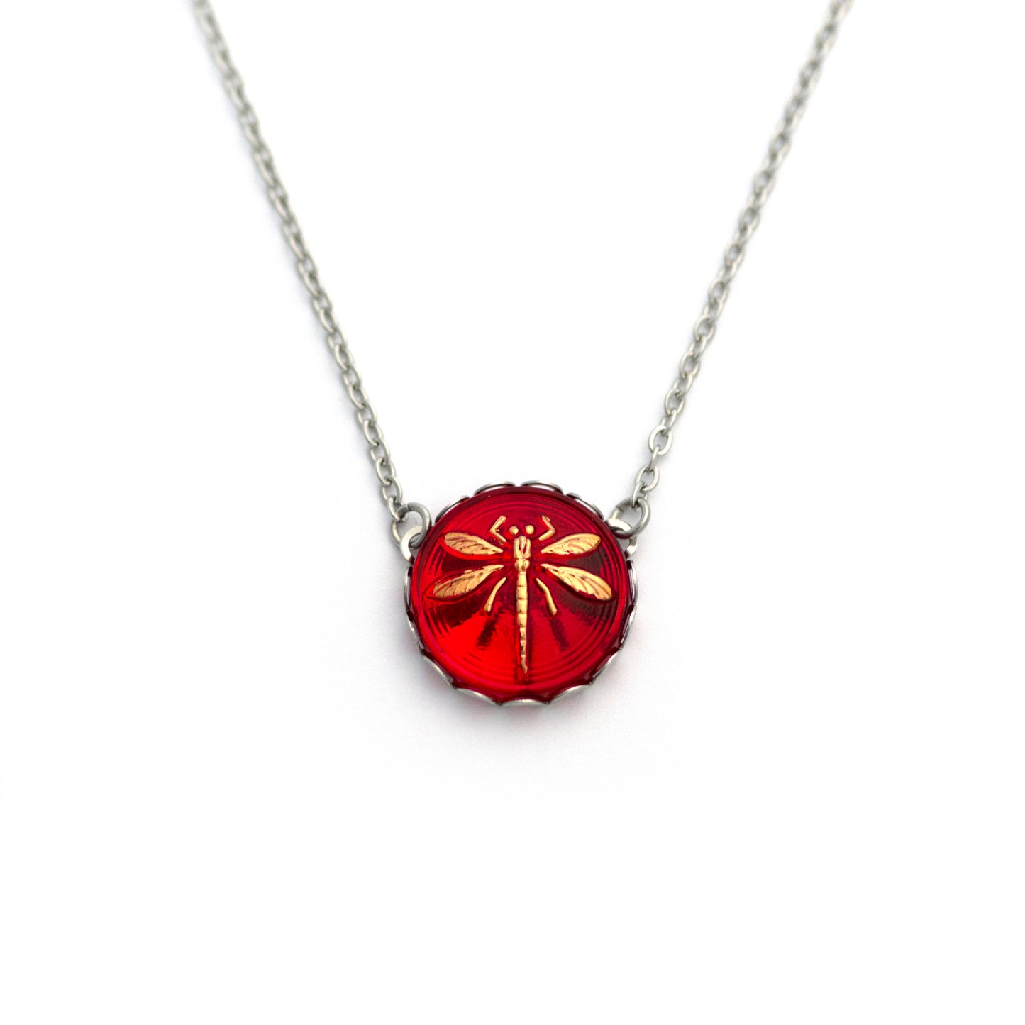 Red and Gold Dragonfly Czech Glass Button Necklace