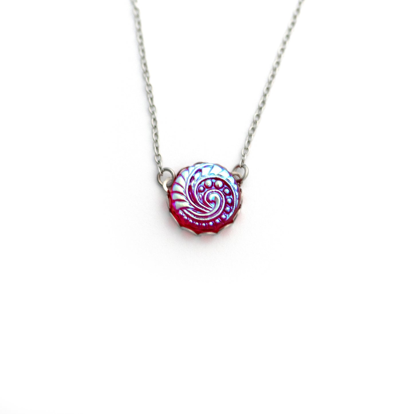 Red Glass and Iridescent Yellow Green Blue Ocean Wave Czech Glass Button Necklace