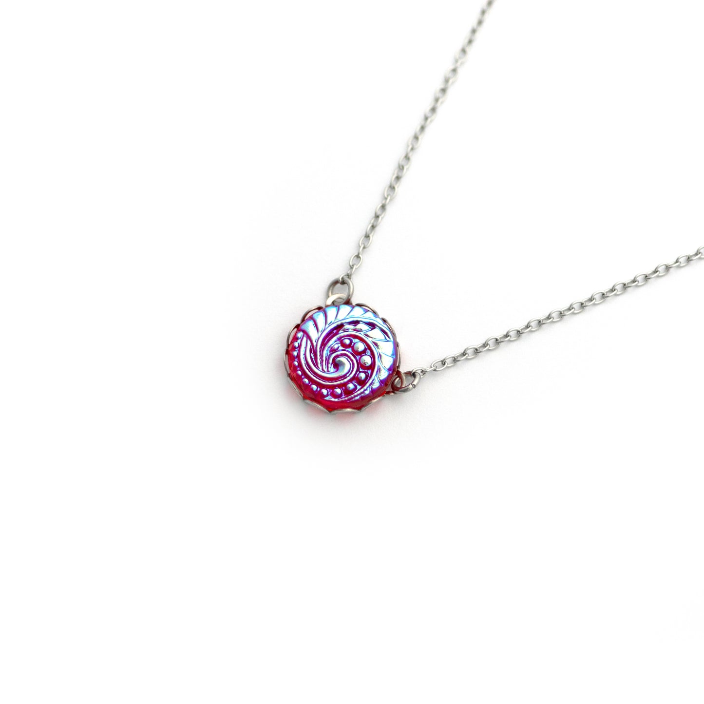 Red Glass and Iridescent Yellow Green Blue Ocean Wave Czech Glass Button Necklace