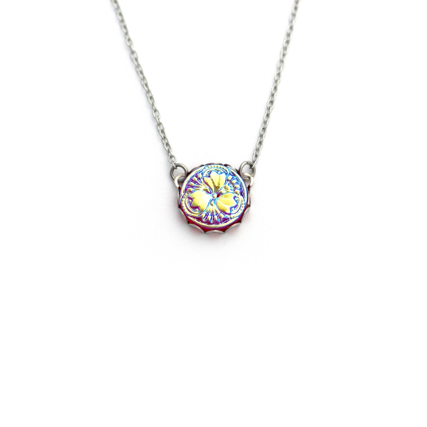 Three Petal Flower Red Glass with Iridescent Yellow Green Blue Czech Glass Button Necklace