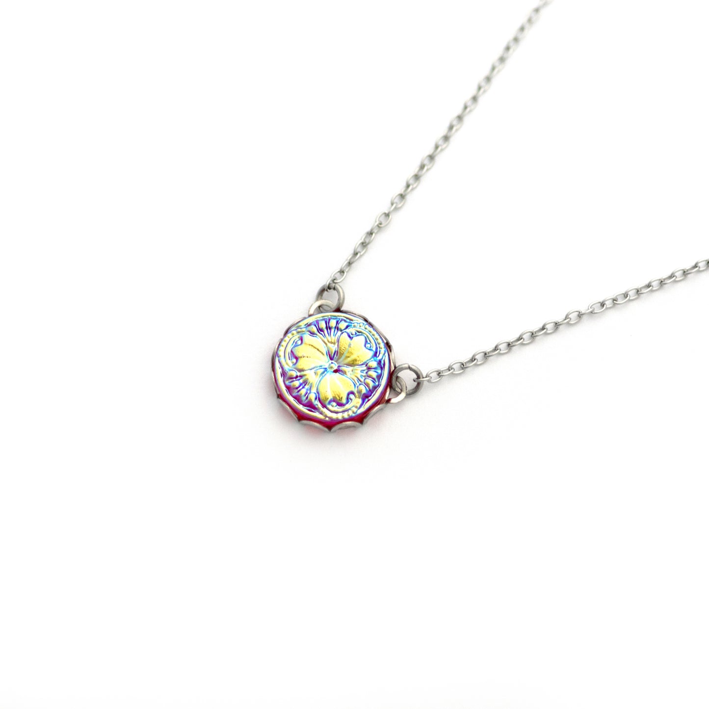 Three Petal Flower Red Glass with Iridescent Yellow Green Blue Czech Glass Button Necklace