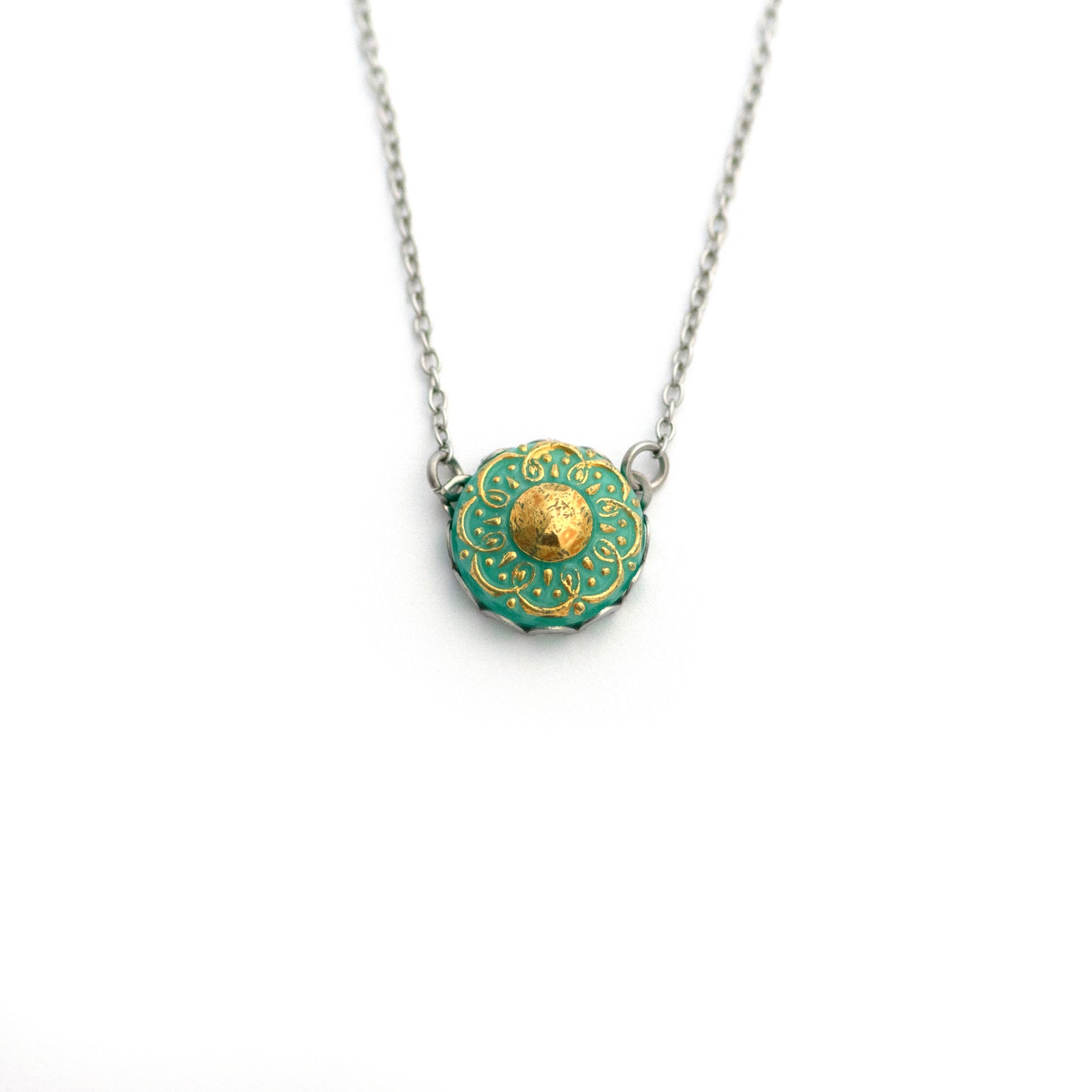 Turquoise and Gold 8 Petal Floral Jadeite Uranium Glass Button Necklace