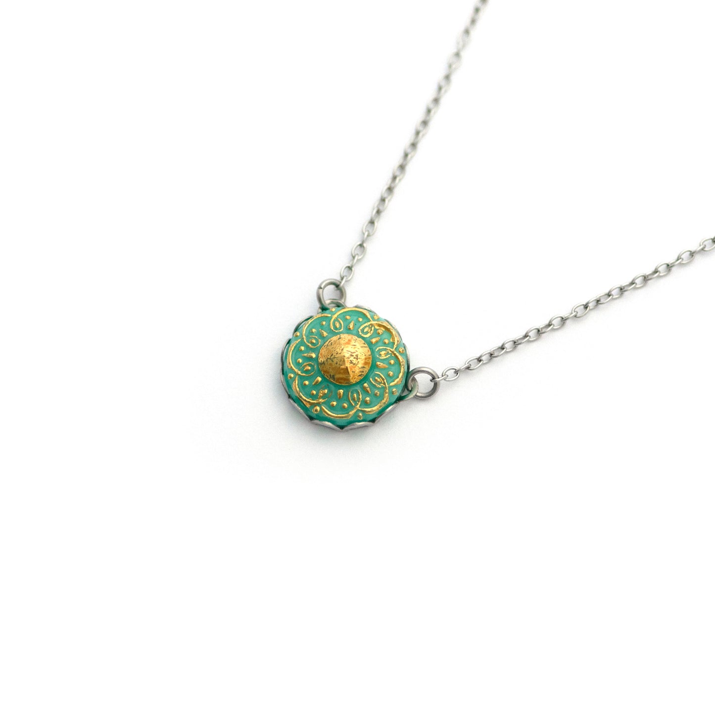 Turquoise and Gold 8 Petal Floral Jadeite Uranium Glass Button Necklace