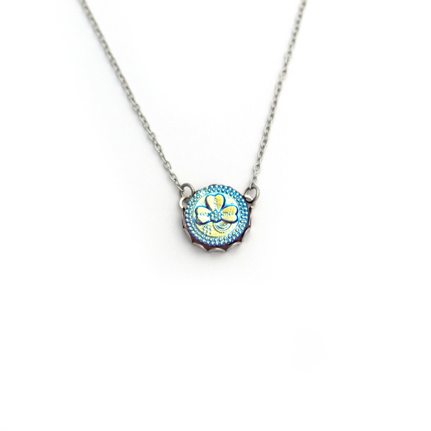 Three Leaf Clover Red Glass with Iridescent Yellow Blue Green Czech Glass Button Necklace