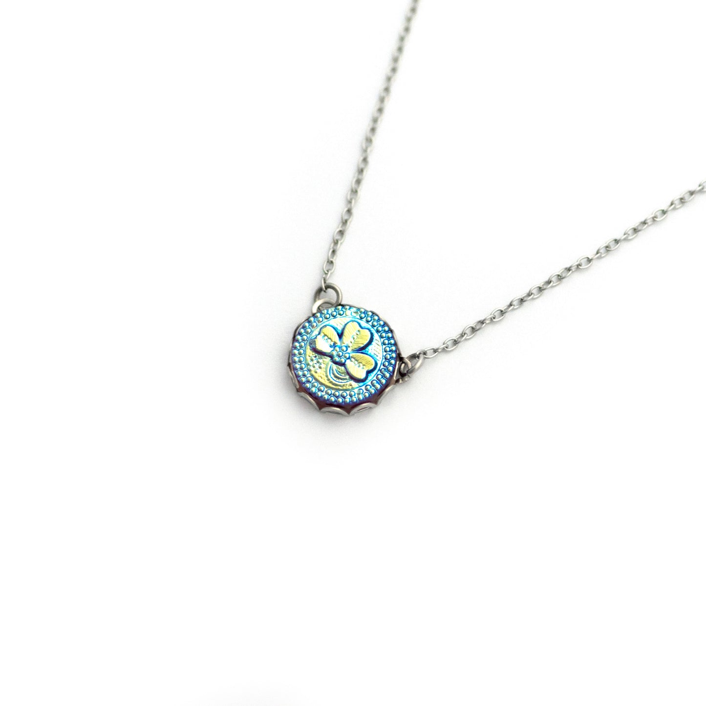 Three Leaf Clover Red Glass with Iridescent Yellow Blue Green Czech Glass Button Necklace