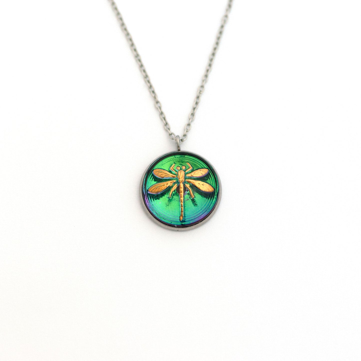 Iridescent Depths Green and Gold Dragonfly Czech Glass Button Necklace