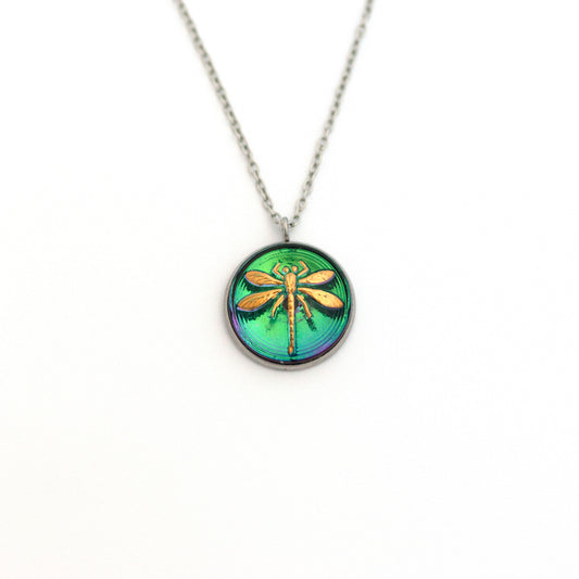 Iridescent Depths Green and Gold Dragonfly Czech Glass Button Necklace
