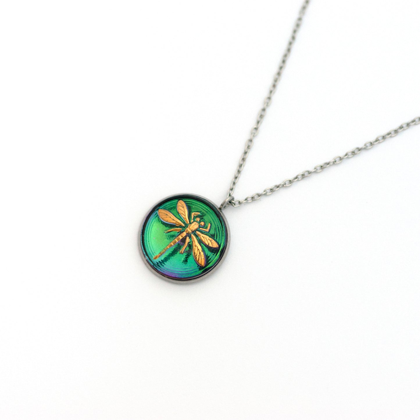 Iridescent Depths Green and Gold Dragonfly Czech Glass Button Necklace
