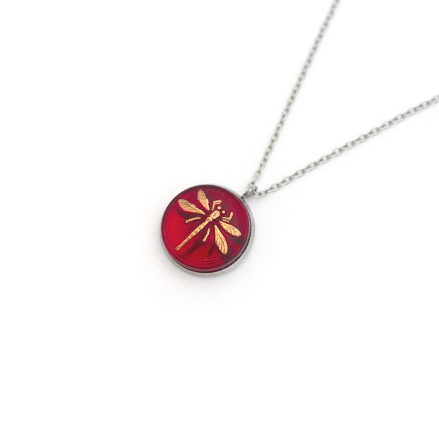 Red and Gold Dragonfly Czech Glass Button Necklace