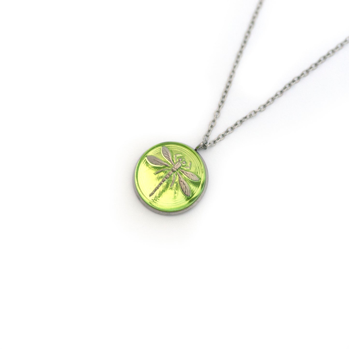 Yellow-Green Vaseline and Silver Uranium Glass Dragonfly Czech Glass Button Necklace