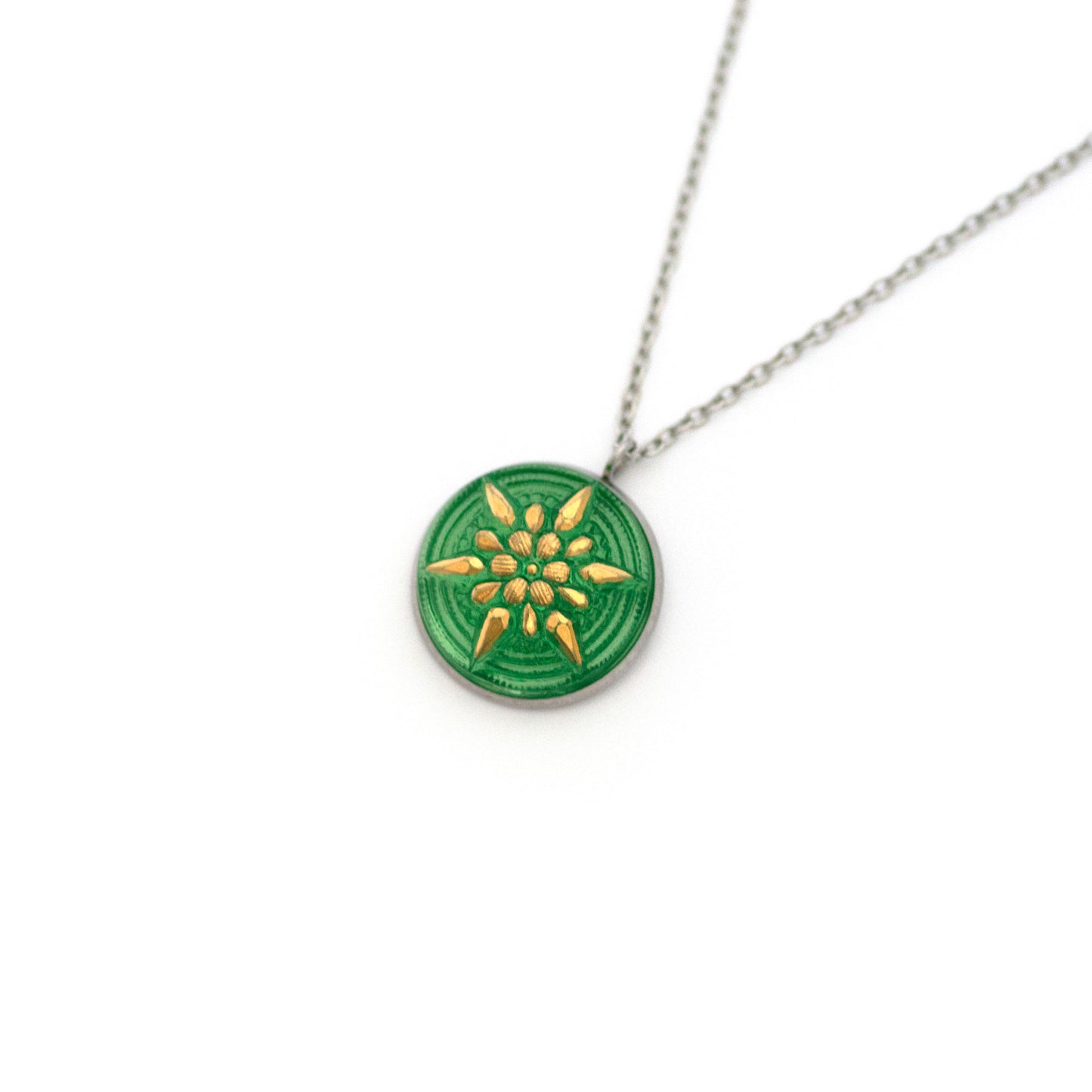 Green and Gold Star Flower Uranium Glass Button Necklace