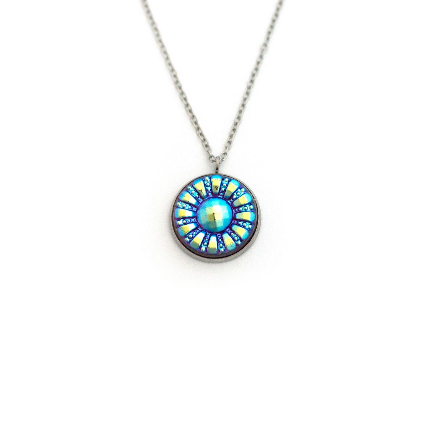Retro Flower Pink Purple Glass with Iridescent Blue Czech Glass Button Necklace