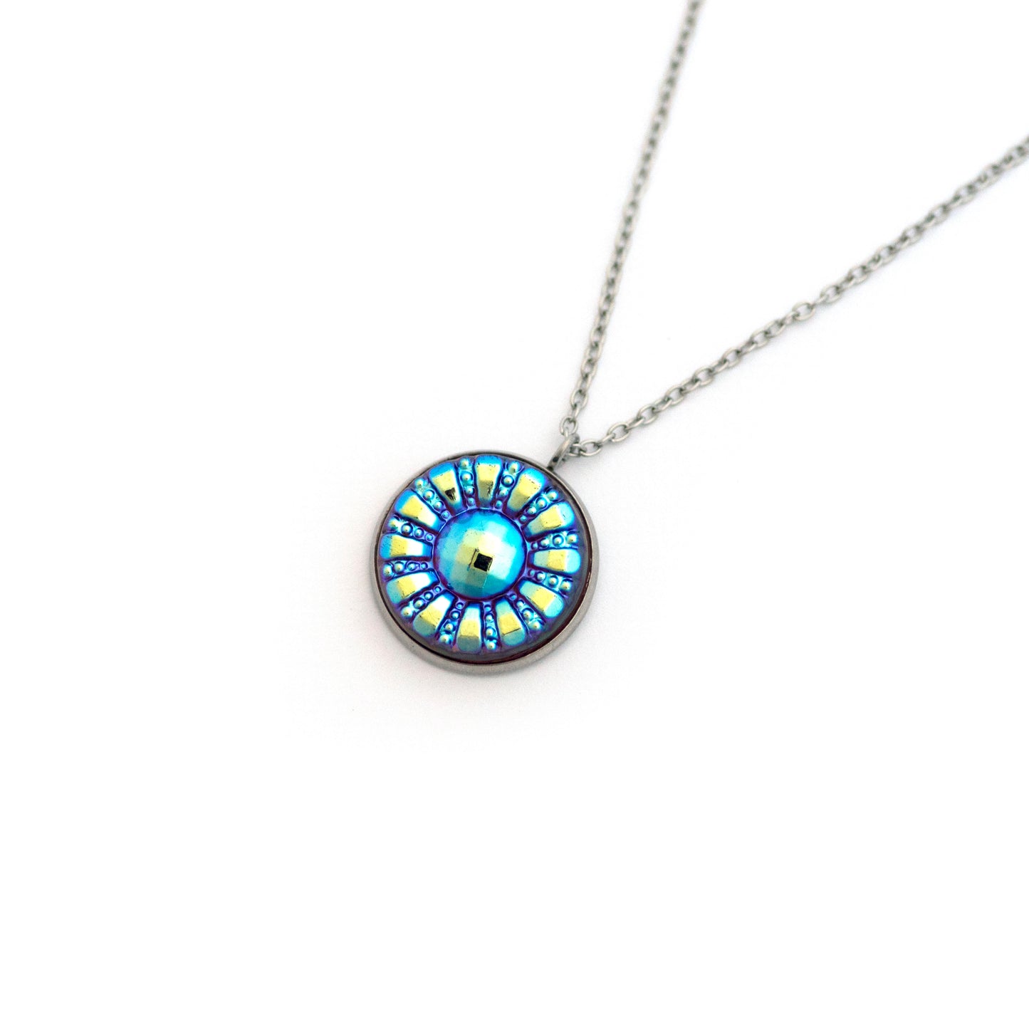 Retro Flower Pink Purple Glass with Iridescent Blue Czech Glass Button Necklace