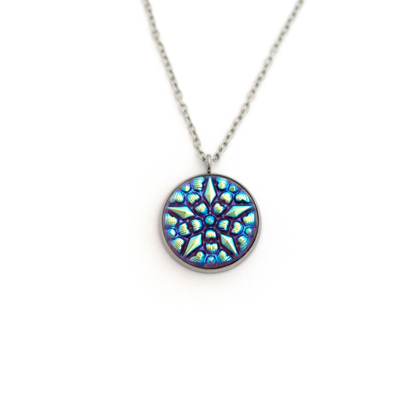 Five Point Star Pink Purple Glass with Iridescent Blue Czech Glass Button Necklace