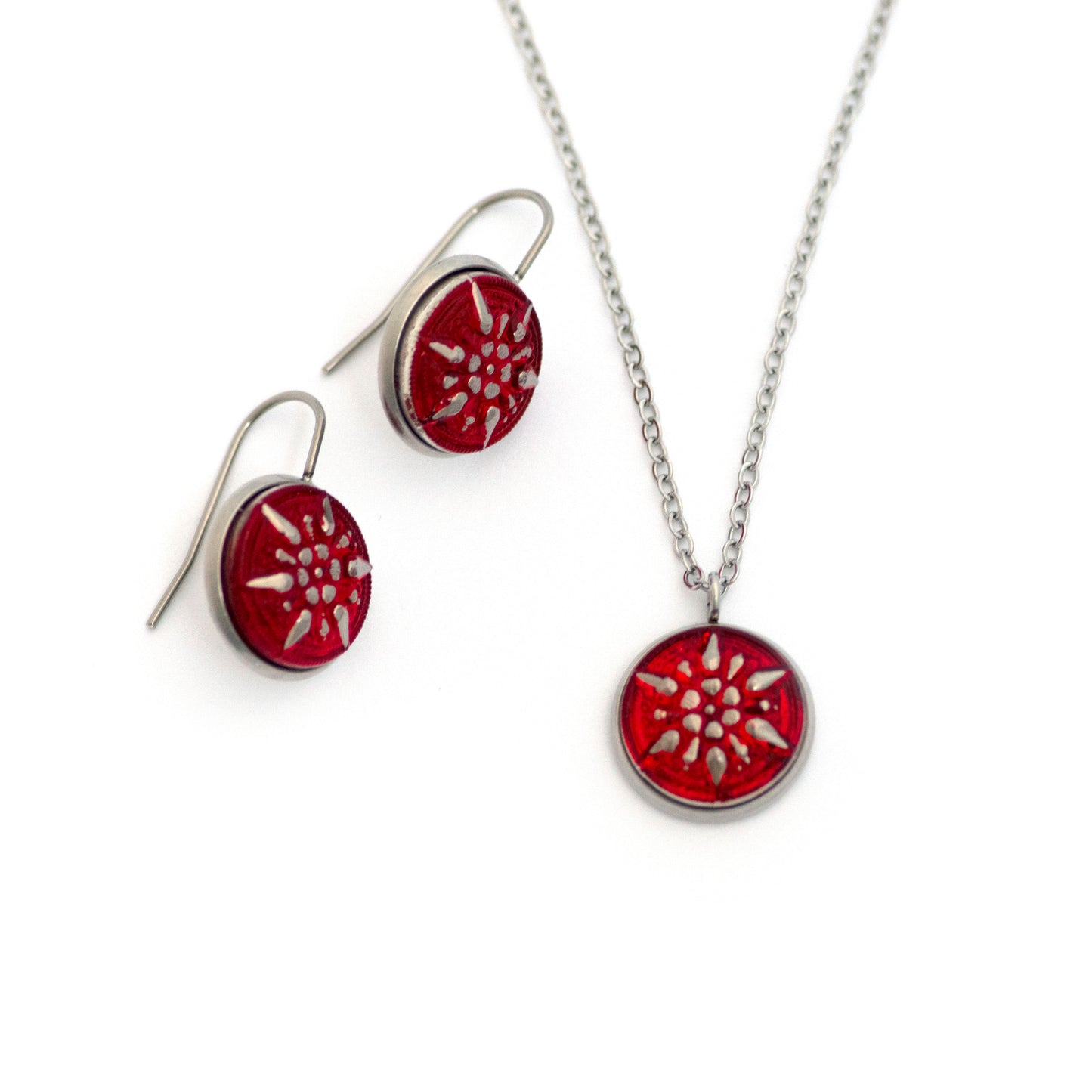 Red and Silver Star Czech Glass Button Necklace and Earrings Gift Set