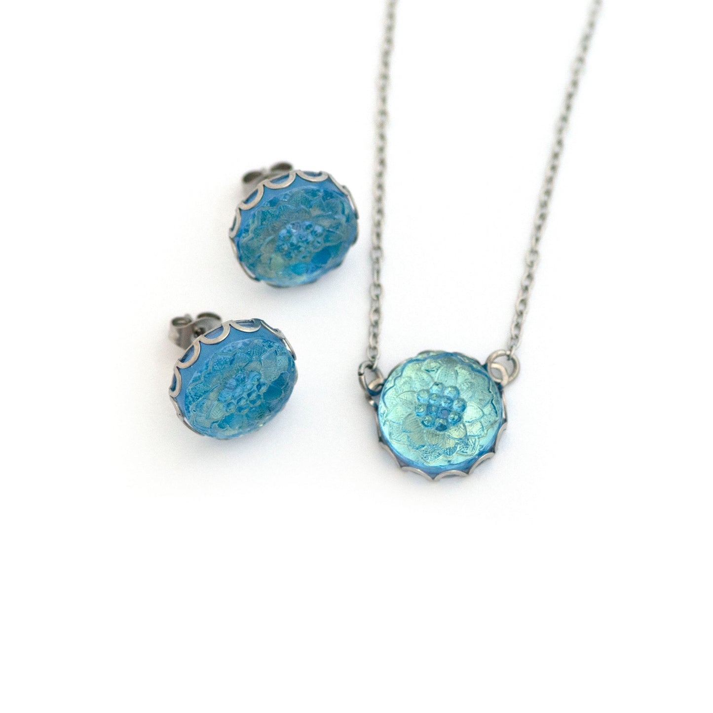 Blue Depths Czech Glass Button Necklace and Earrings Gift Set