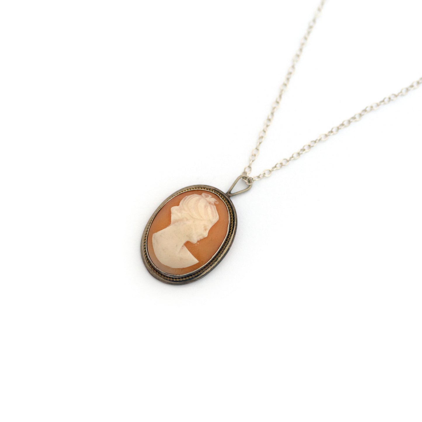 Sterling Silver Carved Shell Cameo Brooch Necklace