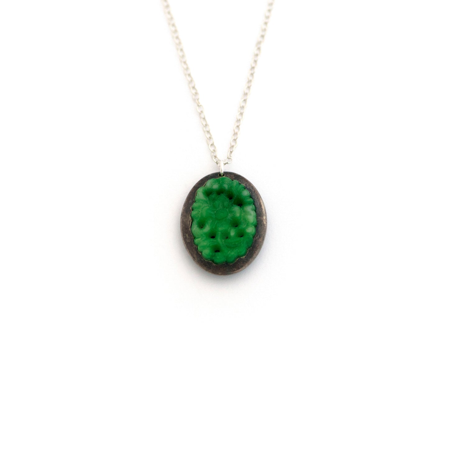 Carved Jade Flower Sterling Silver Cufflink Necklace