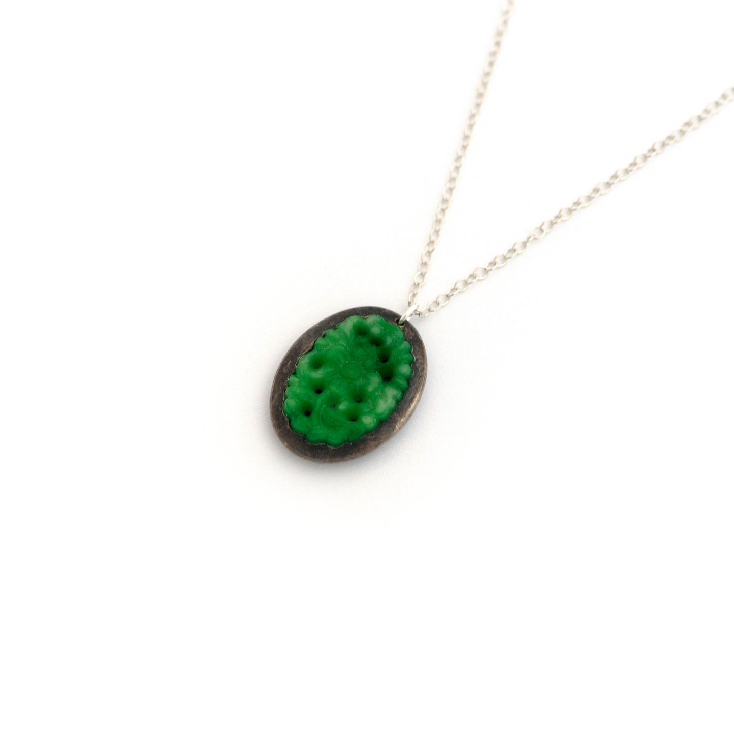 Carved Jade Flower Sterling Silver Cufflink Necklace