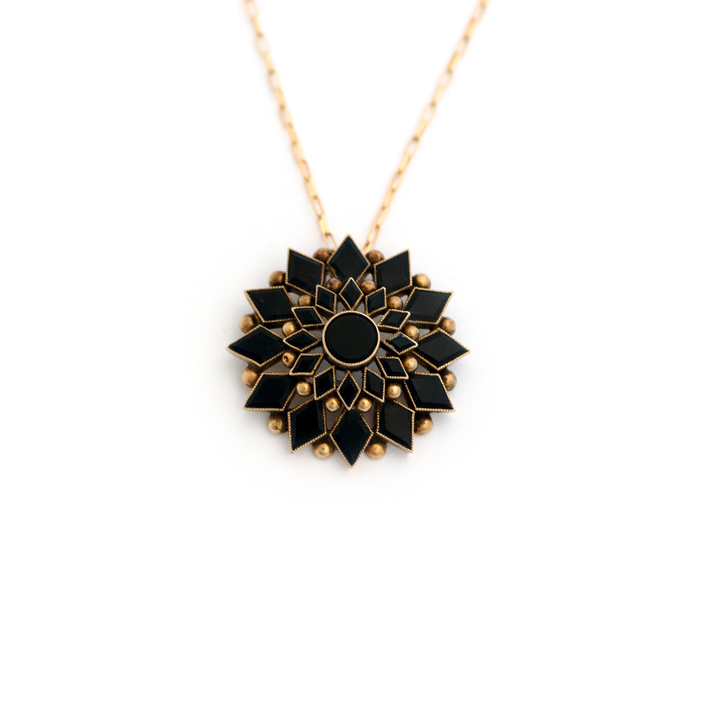 14k Gold Black Onyx Mourning Brooch Necklace